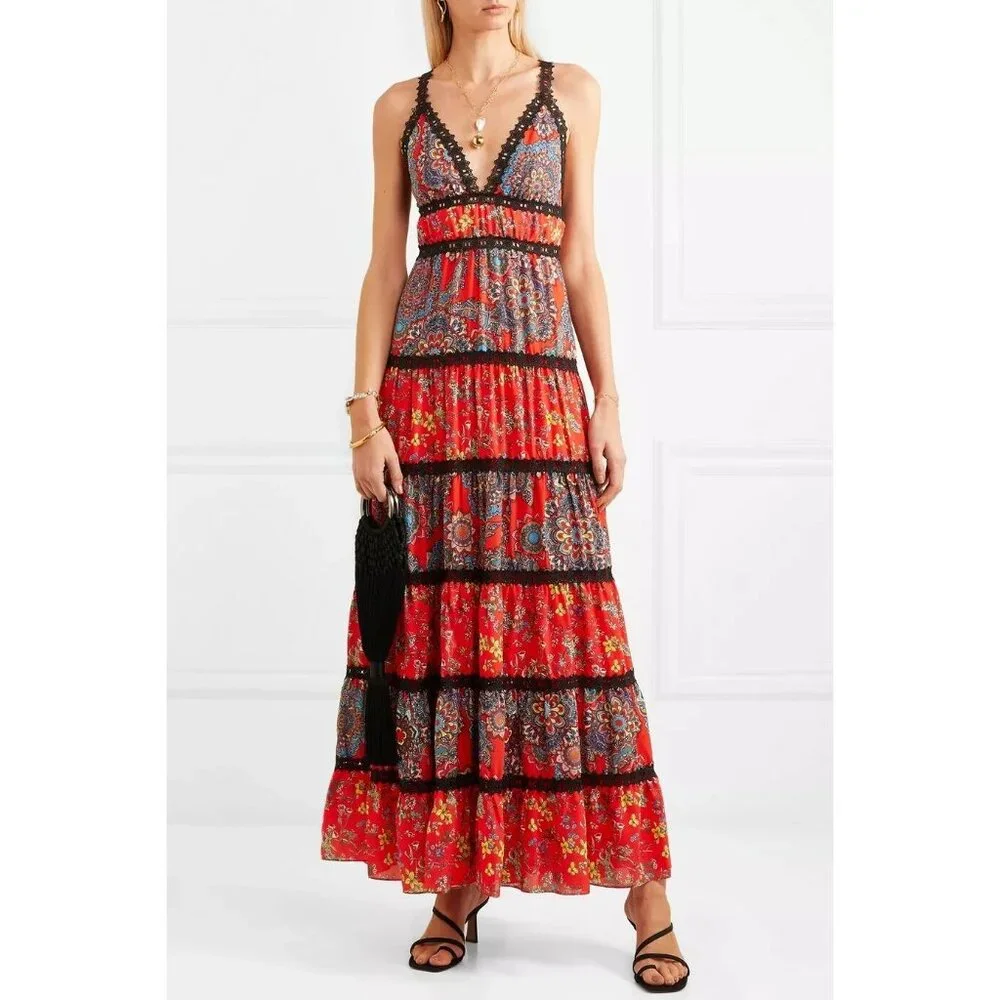 Alice + Olivia Karolina Red Tiered Halter Maxi Dress 6 - Picture 2 of 11